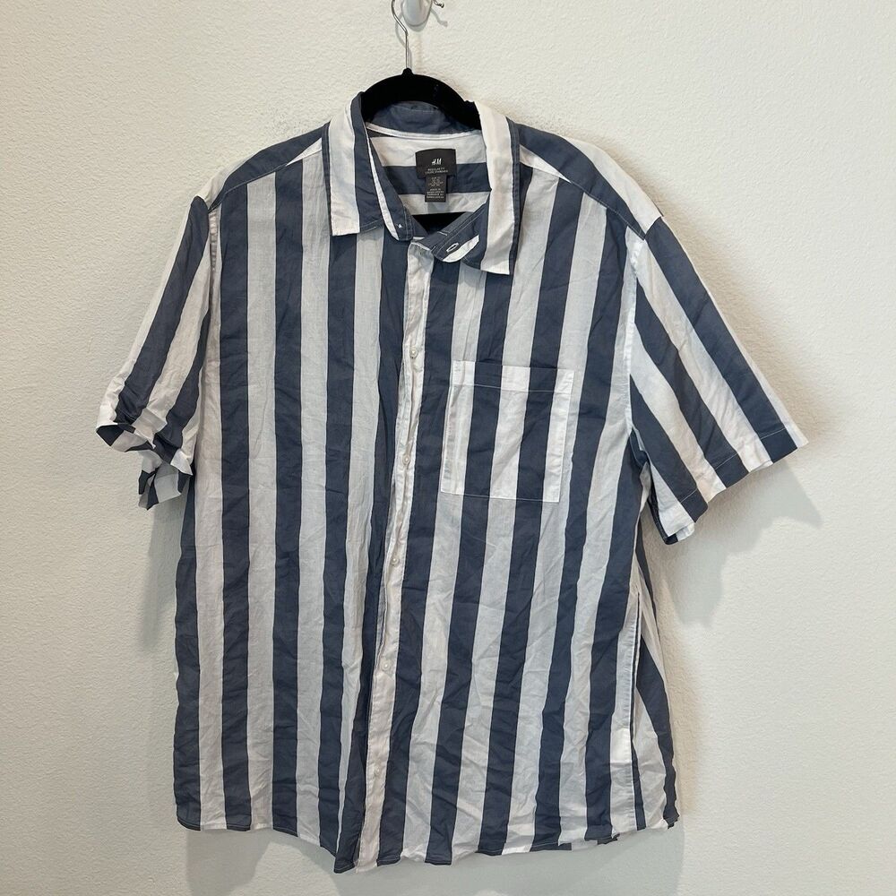 Hm PRINTED SHORT-SLEEVED SHIRT Striped Blue White Xl Summer Casual Preppy Vacay